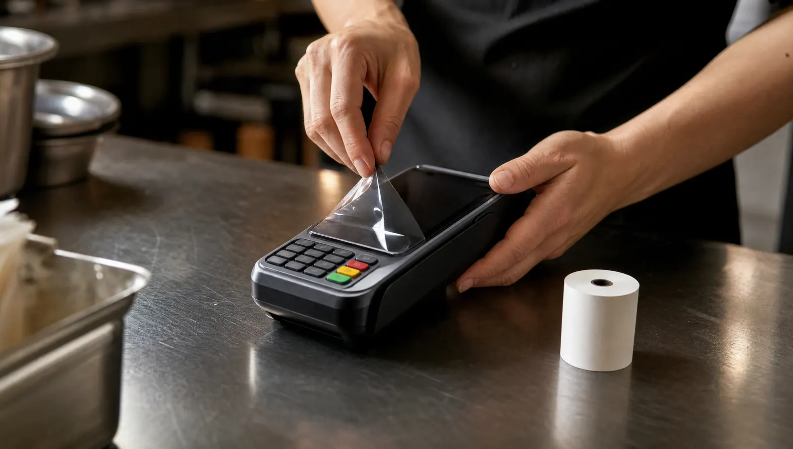 A new unbranded countertop payment terminal, partly covered in protective film, on a stainless prep counter beside a roll of receipt paper.
