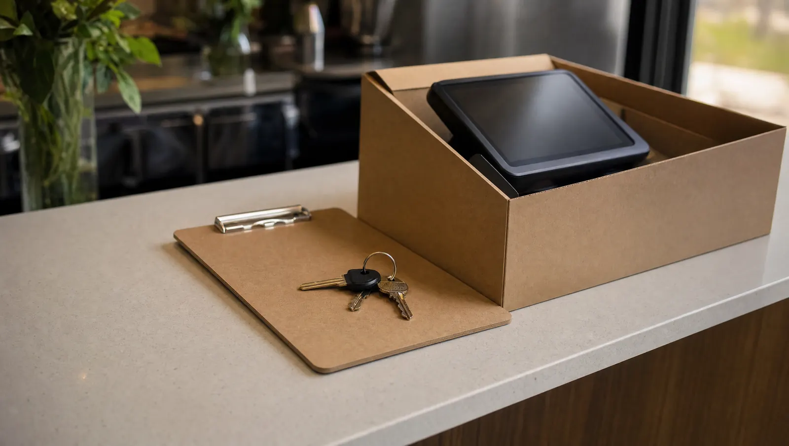A set of keys and a face-down clipboard on a clean new restaurant counter beside a boxed countertop terminal.