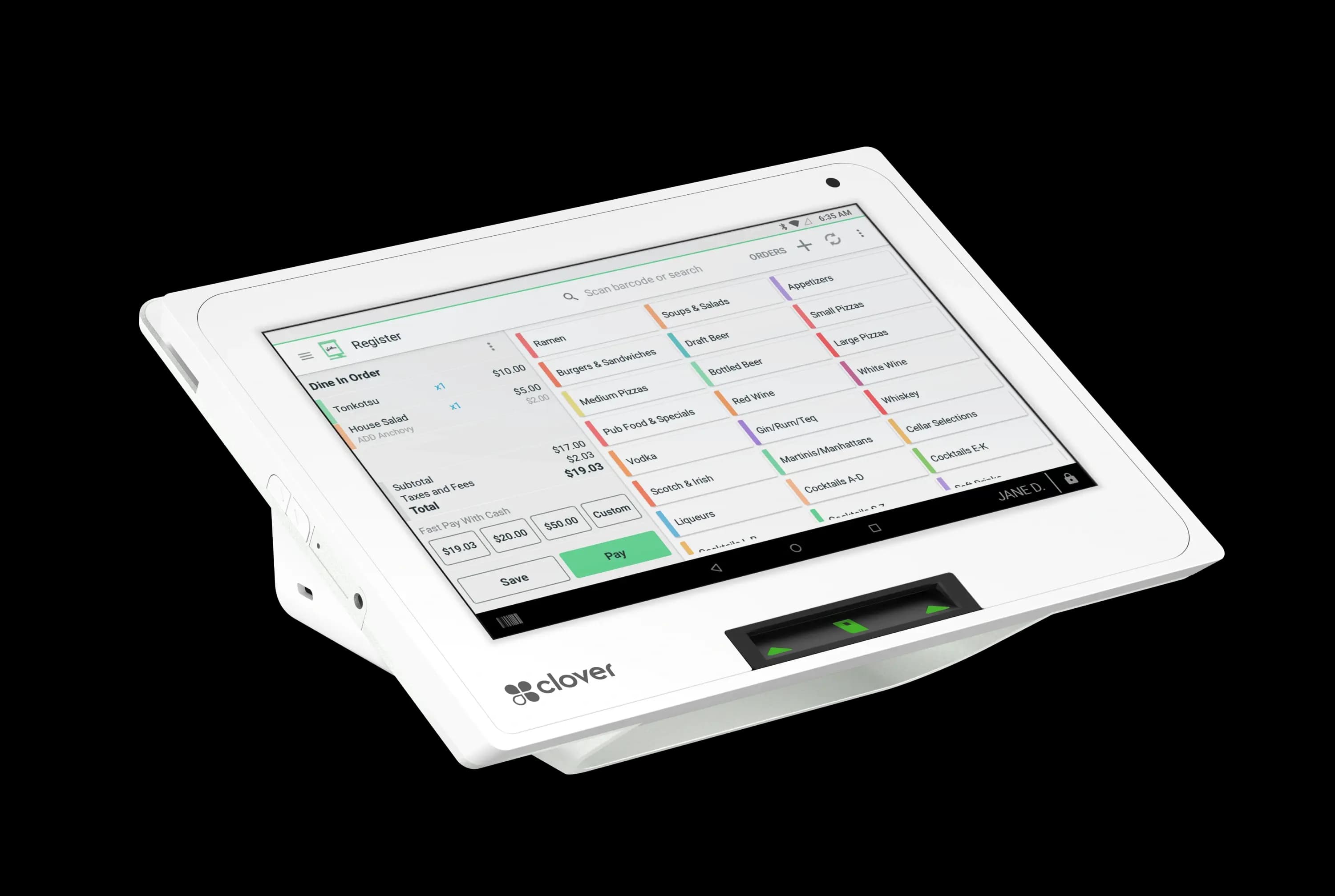 A Clover Mini running the Register app, with a dine-in order open beside the menu categories.