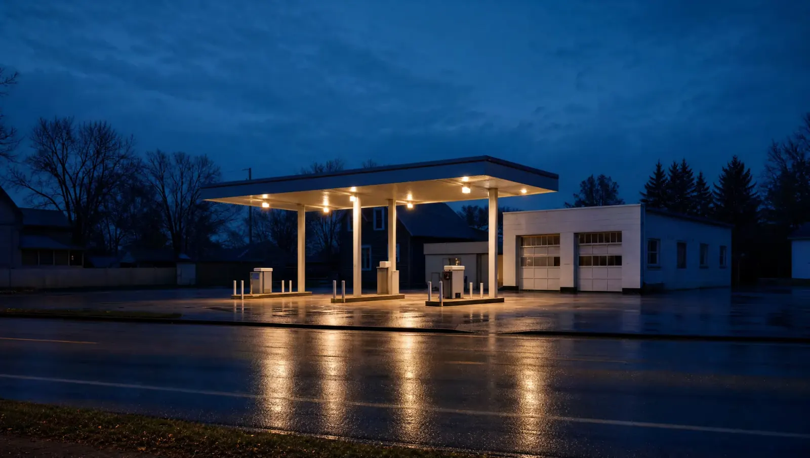 A small-town gas station with a lit canopy at dusk on a rain-wet street.