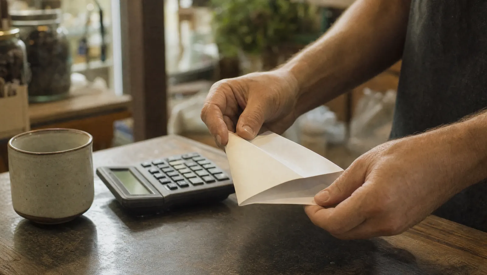 A shop owner's hands holding a folded, face-down paper statement at a back counter beside a calculator and a coffee mug.