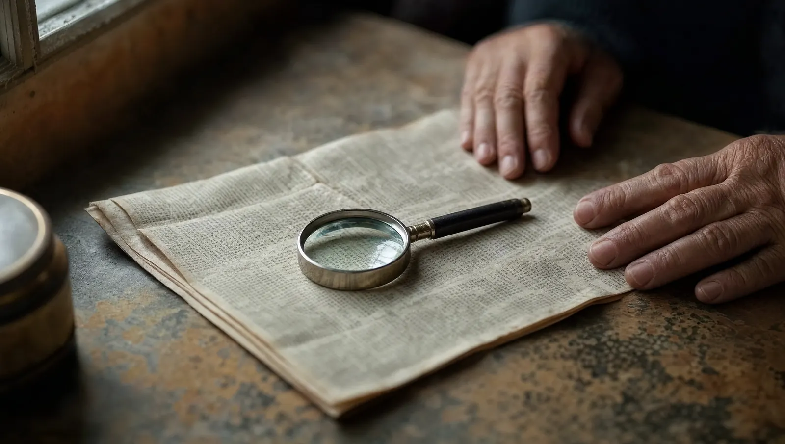 A small magnifying glass resting on a folded sheet of dense, unreadable fine print on a worn counter.