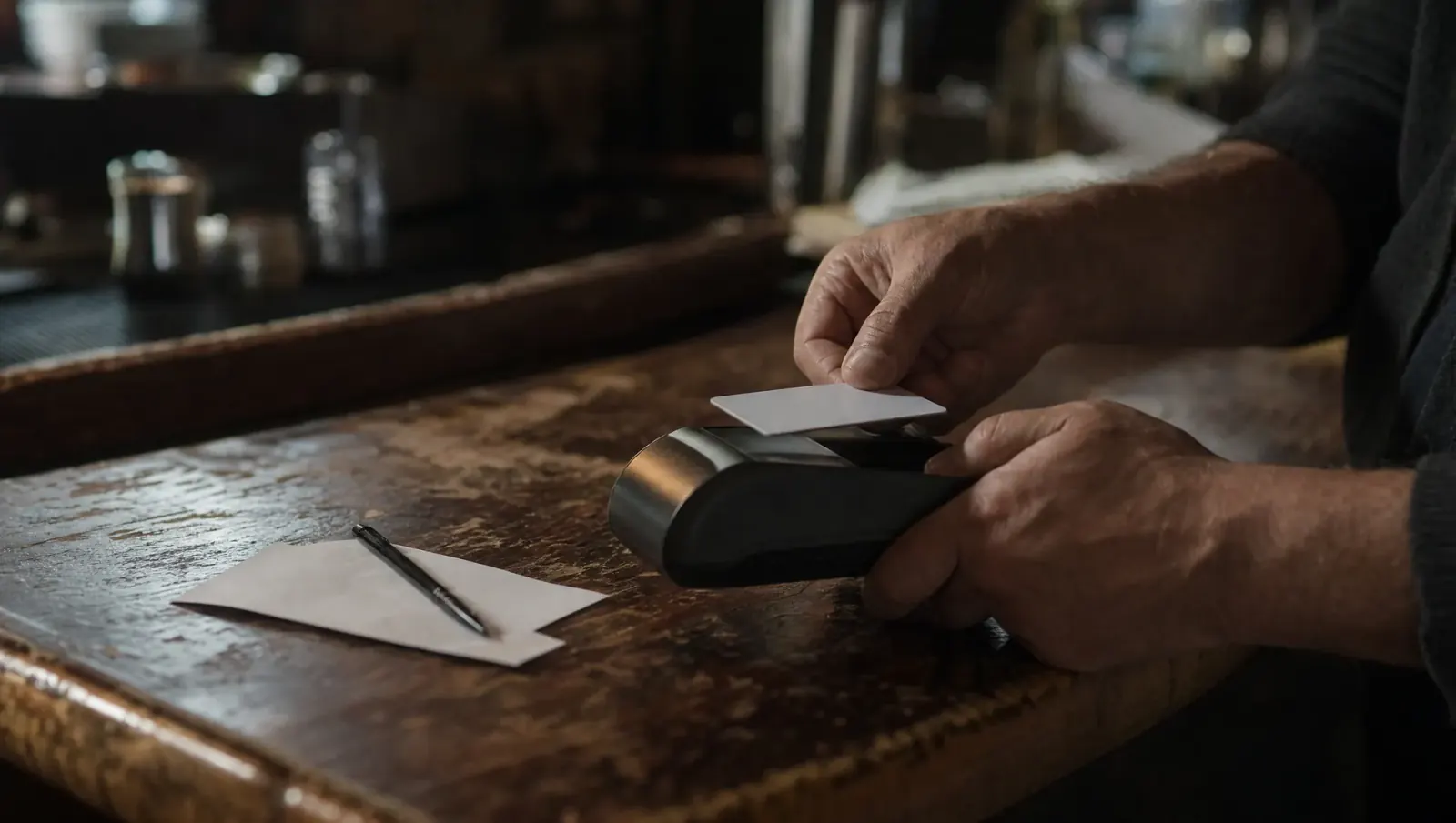 A hand holding a plain white card to a handheld terminal on a worn bar counter, a pen and receipt beside it.